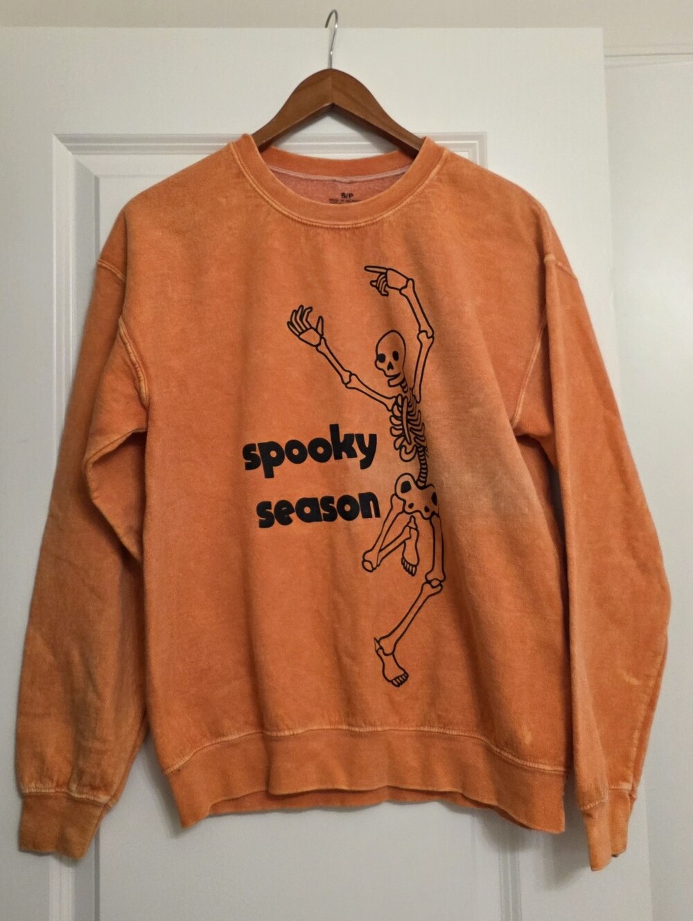 Spooky Season Skeleton Sweatshirt Acidwash Orange Unisex Small Halloween Fall